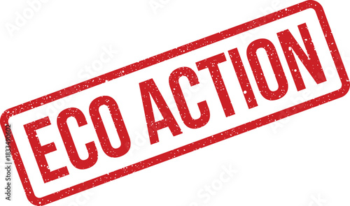 A red grunge textured rubber stamp featuring the prominent phrase ECO ACTION for environmental campaigns