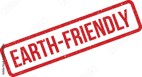 A red grunge textured rubber stamp showcasing the phrase earth friendly in bold uppercase lettering diagonally across