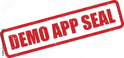 A red rectangular grunge rubber stamp displaying the important DEMO APP SEAL for software development and project validation