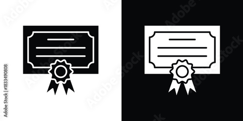 Certificate icon, silhouette pictogram. black icon set