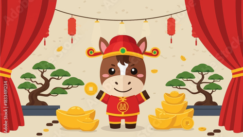 Cute cartoon horse in traditional Chinese attire celebrating Lunar New Year with gold ingots and bonsai trees, vibrant illustration for festive greetings