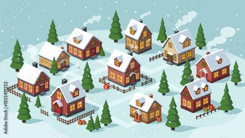 Cozy Winter Village Scene with Snow-Covered Houses and Evergreen Trees in a Festive Christmas Atmosphere