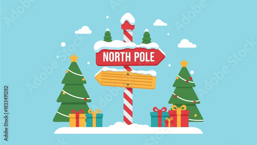 North Pole Signpost with Christmas Trees and Presents, Festive Holiday Scene