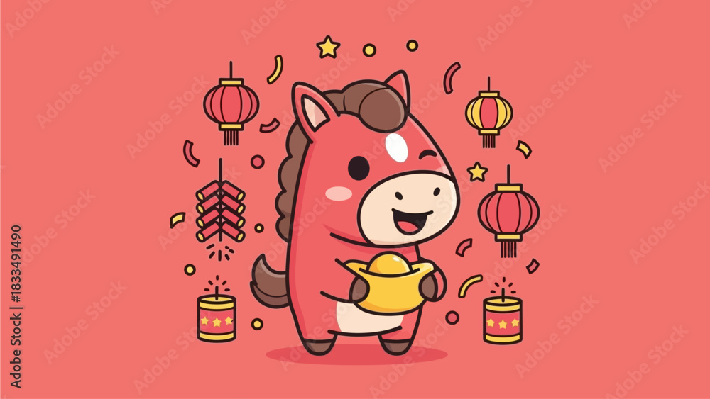 Fototapeta premium Happy Cartoon Horse Holding Gold Coin Surrounded by Chinese New Year Decorations
