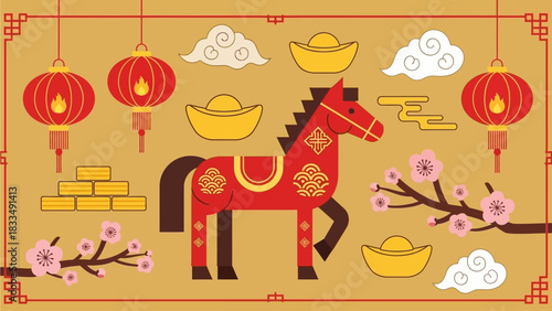 Chinese New Year Horse Illustration with Traditional Decorations and Festive Symbols