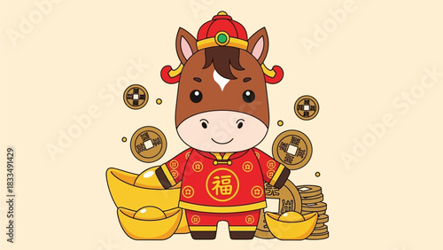 Cute Cartoon Horse Illustration Celebrating Chinese New Year with Gold Coins and Ingots