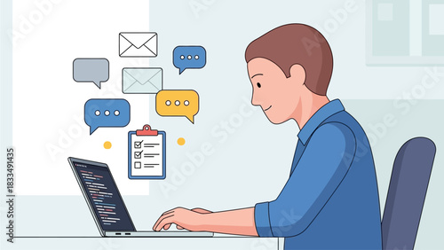Illustration of a person working on a laptop with communication icons like emails and chat bubbles appearing above it, symbolizing digital communication and remote work