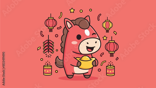 Happy Cartoon Horse Holding Gold Coin Surrounded by Chinese New Year Decorations