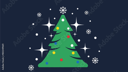Festive Christmas Tree Decoration with Twinkling Stars and Snowflakes on a Dark Blue Background