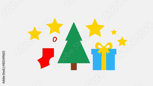 Festive Christmas Icons Santa's Boot, Pine Tree, Stars, and Gift Box Illustration