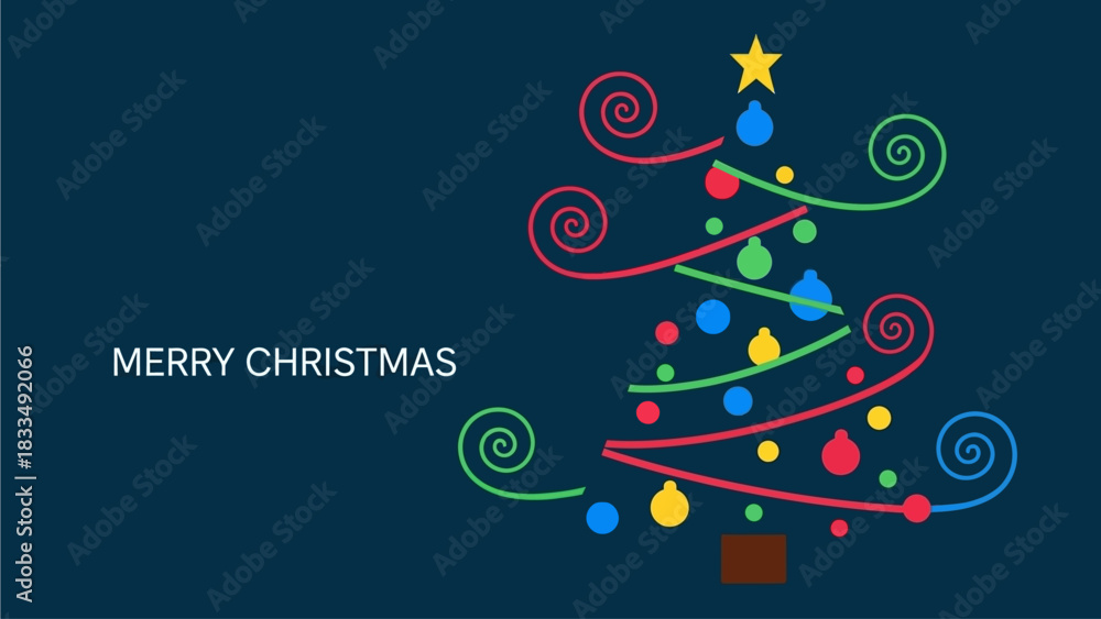Obraz premium Festive Merry Christmas Greeting Card with Stylized Tree and Ornaments on Deep Blue Background