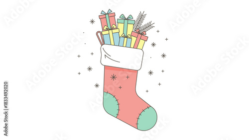 Festive Christmas stocking filled with wrapped presents and candy canes, ready for Santa Claus on Christmas Eve