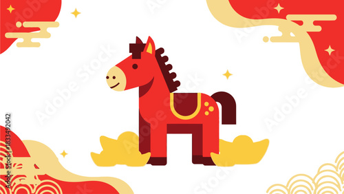 Festive Red Horse Illustration Celebrating Lunar New Year with Traditional Ornaments