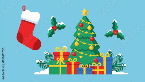 Festive Christmas Tree Surrounded by Gifts, Holly, and a Stocking on a Blue Background