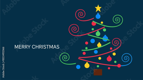 Festive Merry Christmas Greeting Card with Stylized Tree and Ornaments on Deep Blue Background