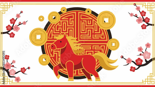Chinese New Year illustration with a vibrant red horse, auspicious coins, and blooming cherry blossoms, symbolizing good fortune and prosperity