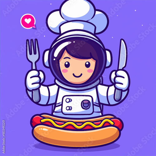 Cute astronaut chef eating hotdog cartoon vector icon illustration science food icon isolated flat
