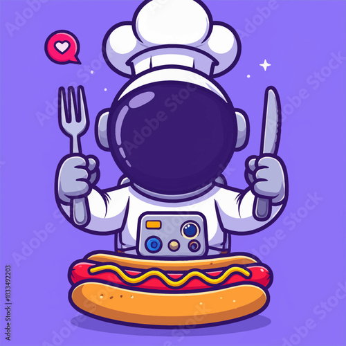 Cute astronaut chef eating hotdog cartoon vector icon illustration science food icon isolated flat