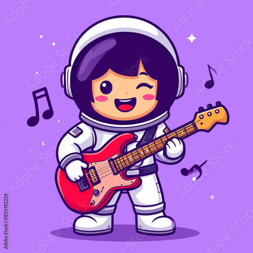 Cute atronaut playing electric guitar cartoon vector icon illustration science technology isolated