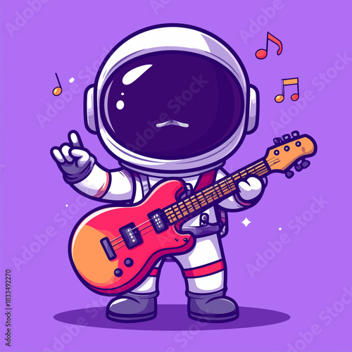Cute atronaut playing electric guitar cartoon vector icon illustration science technology isolated