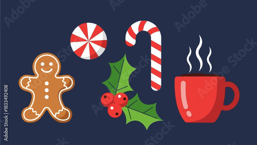 Christmas icons featuring gingerbread man, candy cane, holly, and hot beverage mug on a dark blue background