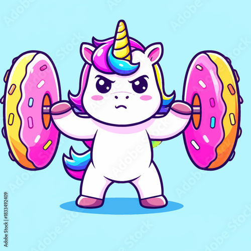 Cute unicorn lifting donut barbell cartoon vector icon illustration animal sport icon isolated flat