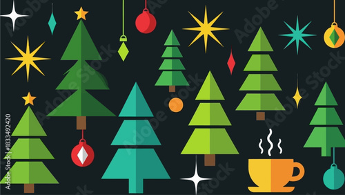 A collection of stylized Christmas trees and festive ornaments on a dark background, evoking a holiday spirit
