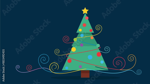 Festive green Christmas tree adorned with colorful baubles, twinkling lights, and decorative swirls, set against a dark blue background, celebrating holiday cheer and winter traditions