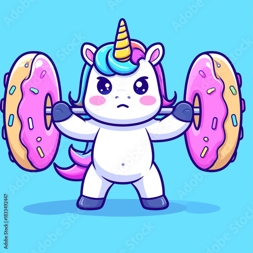 Cute unicorn lifting donut barbell cartoon vector icon illustration animal sport icon isolated flat