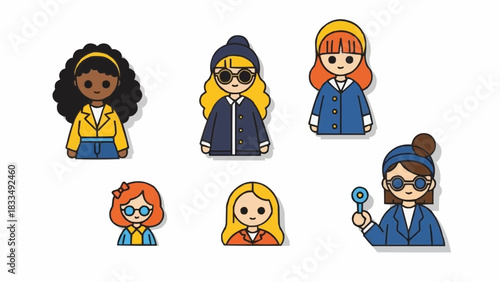 Colorful cartoon girls in various outfits and hairstyles on white background  