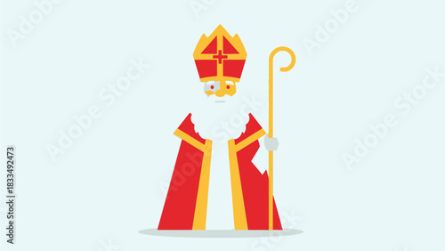 Flat illustration of Saint Nicholas wearing traditional attire, a miter, and holding a staff, symbolizing festive occasions and gift-giving traditions