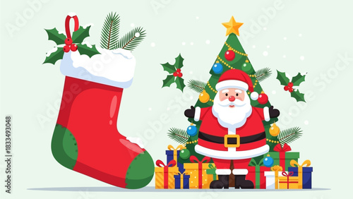 Festive Santa Claus with Christmas Stocking and Gifts, surrounded by a decorated tree and ornaments, celebrating the holiday spirit and winter season