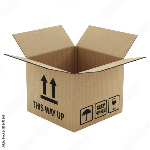  Open cardboard shipping box with fragile symbols on a transparent background PNG image
