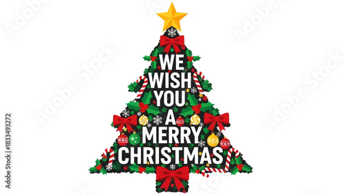 Christmas tree illustration with festive decorations and a holiday greeting message