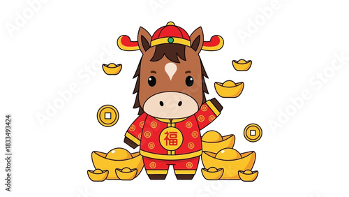 Cute Horse Character Waving Amidst Golden Ingots and Coins, Symbolizing Prosperity and Good Fortune
