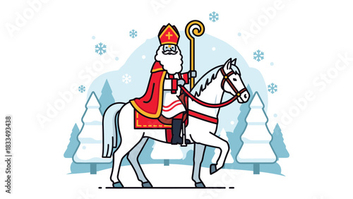 Saint Nicholas riding a white horse, dressed in bishop attire, accompanied by snow and winter trees