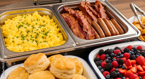 Abundant Breakfast Buffet featuring Scrambled Eggs, Bacon, Sausages, Biscuits and Fresh Berries