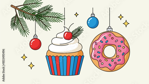 Festive Santa Claus with Christmas Tree and Presents, Snowing