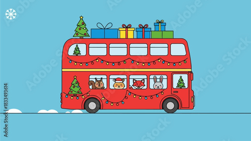 Festive Double Decker Bus Carrying Presents and Animals, Decorated for the Holidays