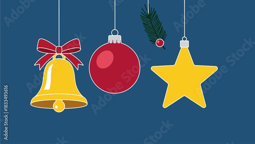 Festive Christmas ornaments featuring a bell, bauble, and star, with a sprig of pine, against a deep blue background