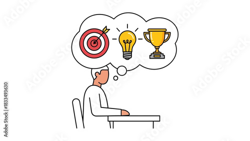 A person contemplating business growth, investment, and career development symbolized by icons in a thought bubble