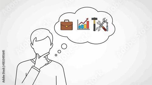 A businessman thoughtfully considering strategies for growth and success, depicted by icons of a briefcase, graph, and tools