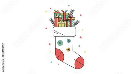 Christmas Stocking Filled with Presents and Festive Decorations, Holiday Gift Idea Illustration