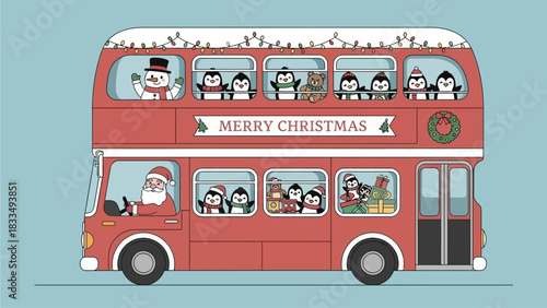 Festive double-decker bus filled with adorable penguins and a jolly Santa Claus spreading Christmas cheer