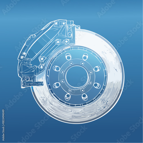 Technical wireframe illustration of an automotive disc brake system with caliper and rotor on a blue background