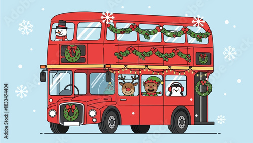 Festive Double Decker Bus with Christmas Characters and Wreaths