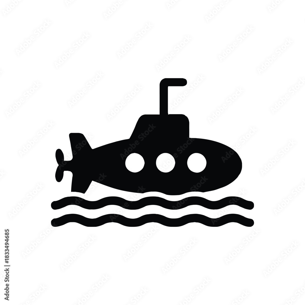 Obraz premium Submarine sailing on the sea waves a minimalist vector illustration of underwater vessel navigation technology with periscope and propeller silhouette