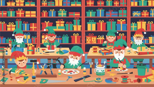 Festive holiday elves meticulously crafting gifts in a workshop filled with presents and tools, creating Christmas joy