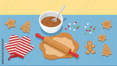 Christmas baking scene with gingerbread cookies, rolling pin, and baking supplies