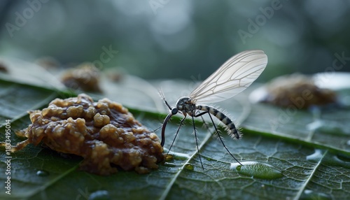 A mosquito rests on a green leaf, its proboscis touching a small clump of food.